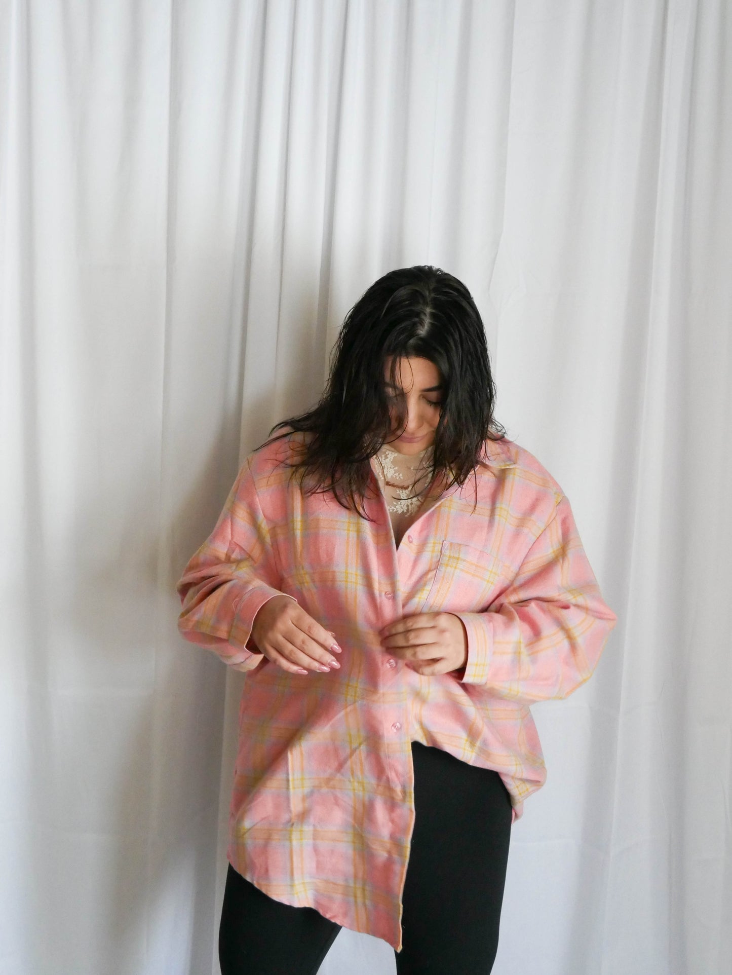 Avis Pink Over Size Plaid Jacket With Buttons