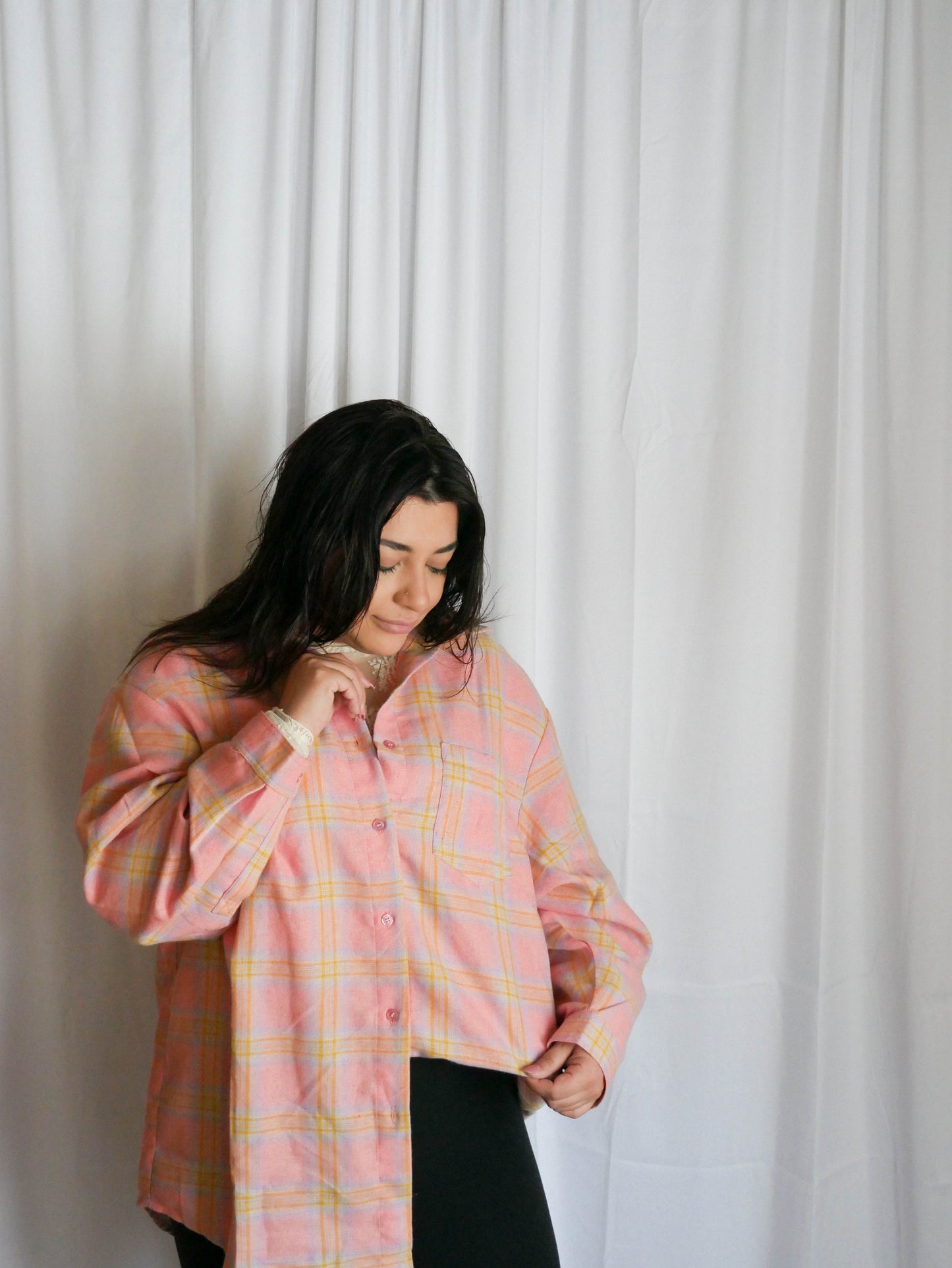 Avis Pink Over Size Plaid Jacket With Buttons